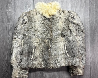 Vintage Yasumi's Rabbit Fur Jacket Grey White Cropped Coat Medium Repair Needed