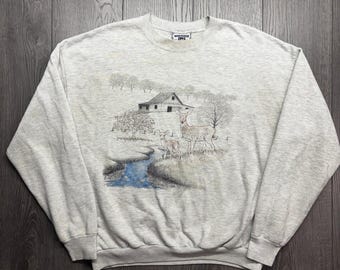 Vintage Lee Deer Natur Szene Sweatshirt XL Grau Made in USA Barn Graphic Crew