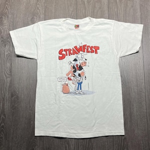 Vintage Strawfest jaren 90 koe cartoon grappig T-shirt medium grafisch wit varken