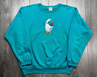 ヴィンテージ グースハート クロスステッチ スウェットシャツ メンズ ラージ レトロ プルオーバー ティール