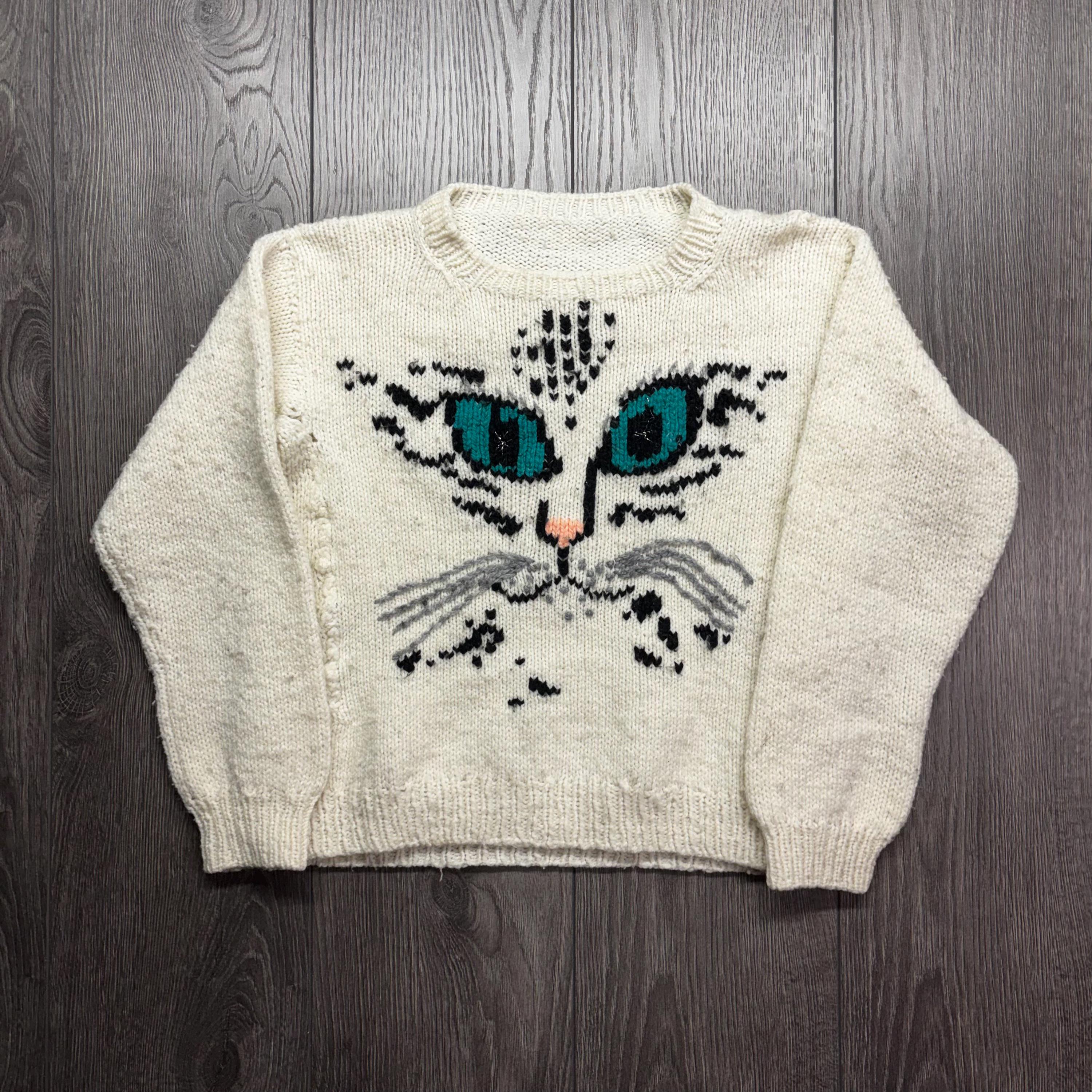 Vintage Cat 1990s Hand Knit Sweater Small White Cute Animal Nature