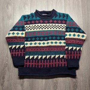 Vintage Wool Nuevo Americana Aztec 1990s Knit Pullover Sweater Medium M Colourful Heavy Thick Chunky