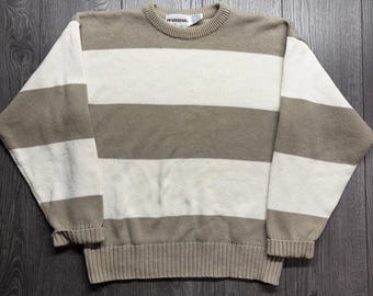 Jersey de cuello redondo a rayas para hombre, talla grande, de la marca Vintage McGregor, tejido de algodón color crema tostado.