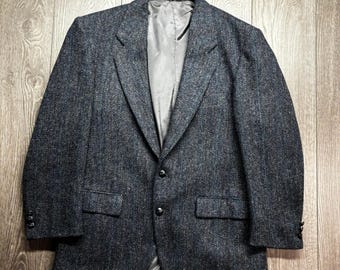 Sears Harris Tweed Blazer Mens Blue Grey Herringbone Wool Sport Coat Vintage
