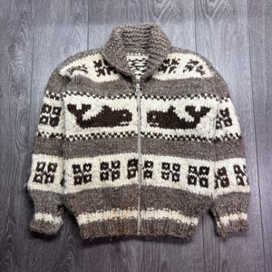 Vintage Cowichan Cardigan Sweater S Hand Knit Whales Wool Rare