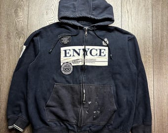 Sudadera con capucha y cremallera completa estilo vintage para hombre Enyce, talla grande, azul marino, con parche gráfico, estilo urbano.