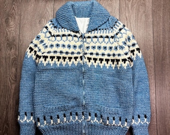 Vintage Nordic Fair Isle Chunky Knit Lined Zip Up Shawl Collar Sweater Blue L
