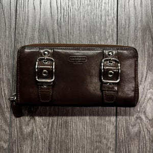 Coach Dark Brown Leather Buckle Zip Around Accordion Wallet Y2k Silver Hardware