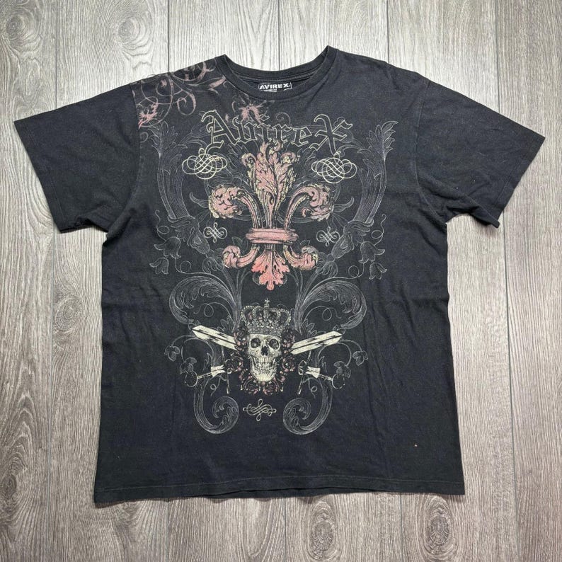 Avirex Mens XL Graphic T-Shirt Black Skull Fleur De Lis Crown Y2K Streetwear image 1