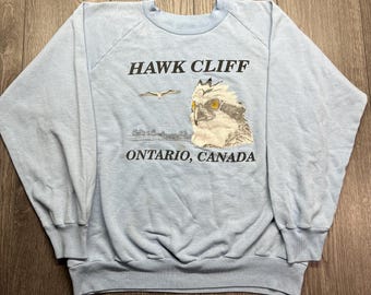 Vintage Hawk Cliff Ontario Kanada 1980-tals Raglan Blekt Sweatshirt Medium Naturlig Örn Djurtryck Lätt
