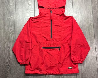 Vintage LL Bean 1990s Anorak Windbreaker Youth Kids Medium Red Hooded Pockets