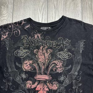 Avirex Mens XL Graphic T-Shirt Black Skull Fleur De Lis Crown Y2K Streetwear image 2