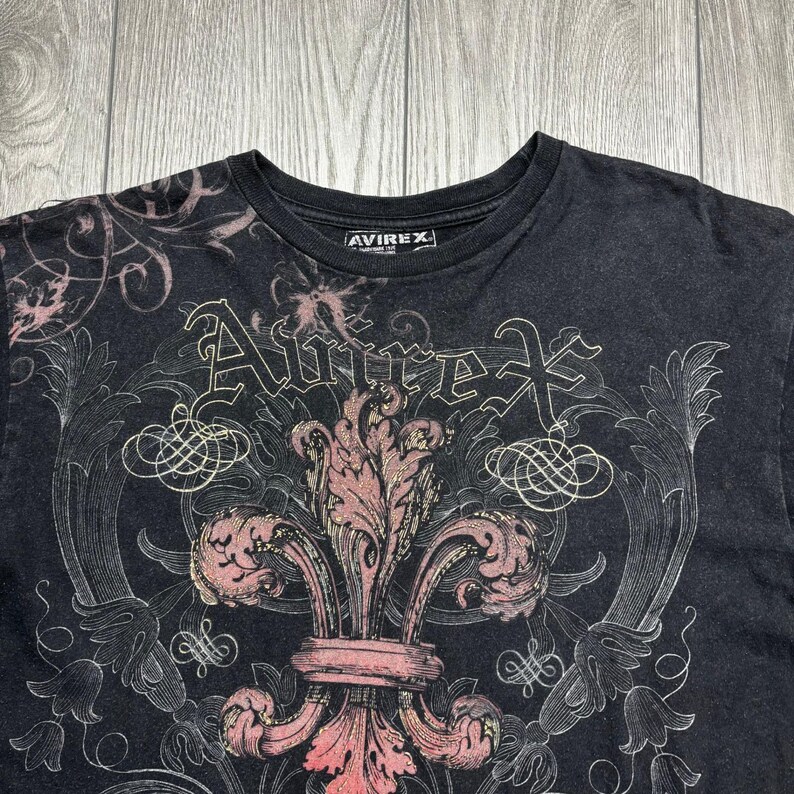 Avirex Mens XL Graphic T-Shirt Black Skull Fleur De Lis Crown Y2K Streetwear image 2