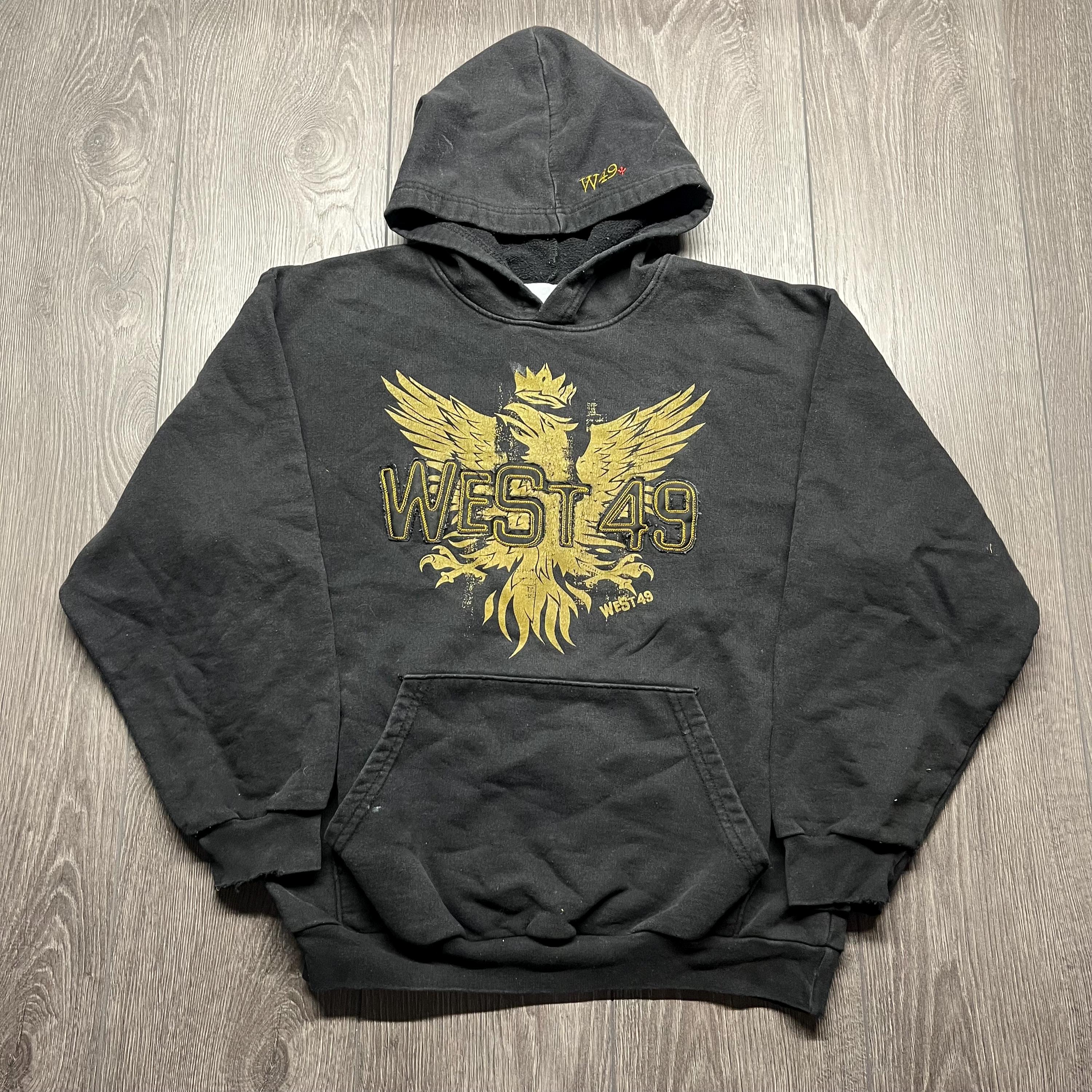 Vintage West 49 geborduurde hoodie kleine zwarte vlam skater