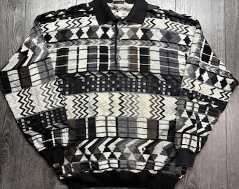 Nani Bon Italy Mens Vintage 100% Merino Wool Abstract Geometric Polo Sweater L