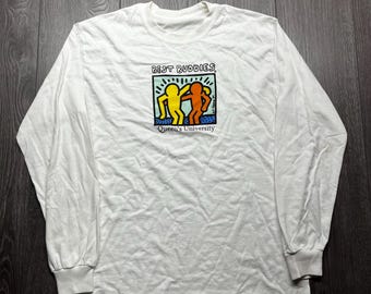 Vintage Kieth Haring Queens University Long Sleeve Shirt White Large Art Hippy