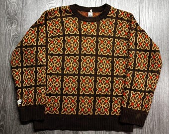 Vintage Made in Denmark Pure Wool Geometric Tile Knit Sweater Brown Orange XL