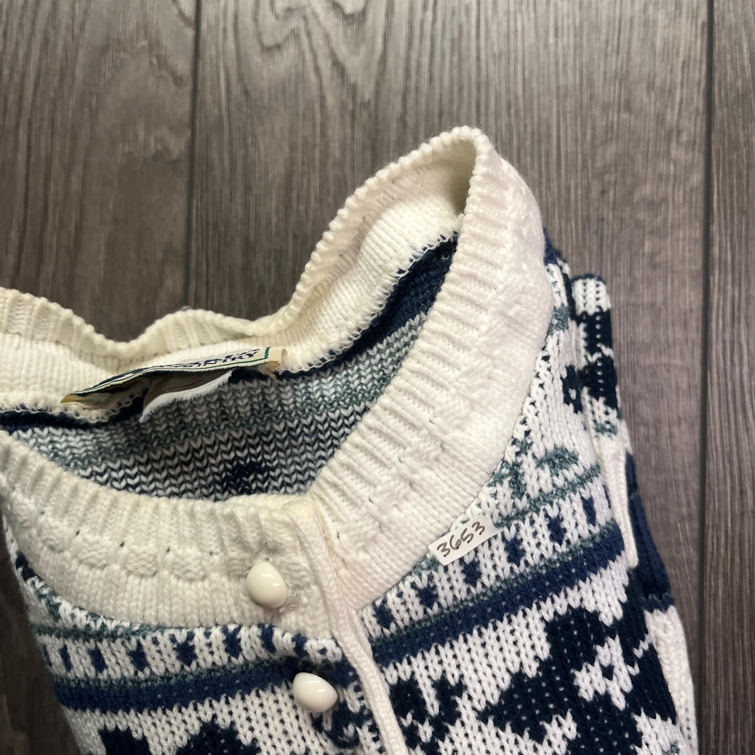 Vintage 1990s Knit Quarter Button Sweater Jumper Blue Aztec Floral