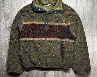 Woolrich Medium Vintage Sherpa Fleece Pullover Grün Gestreift Made in USA