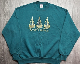 Sudadera vintage Jerzees Scotia Prince Sailboat para hombre, talla XL, color verde azulado, años 90, fabricada en EE. UU.