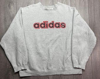 Sudadera Adidas Vintage Spellout Crewneck para hombre, talla XL, color gris y rojo, con logo bordado.
