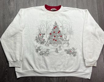 Vintage Christmas Nature 1990s Cute Lightweight Sweatshirt Medium M Grandma Flowers Nature Animal Apples