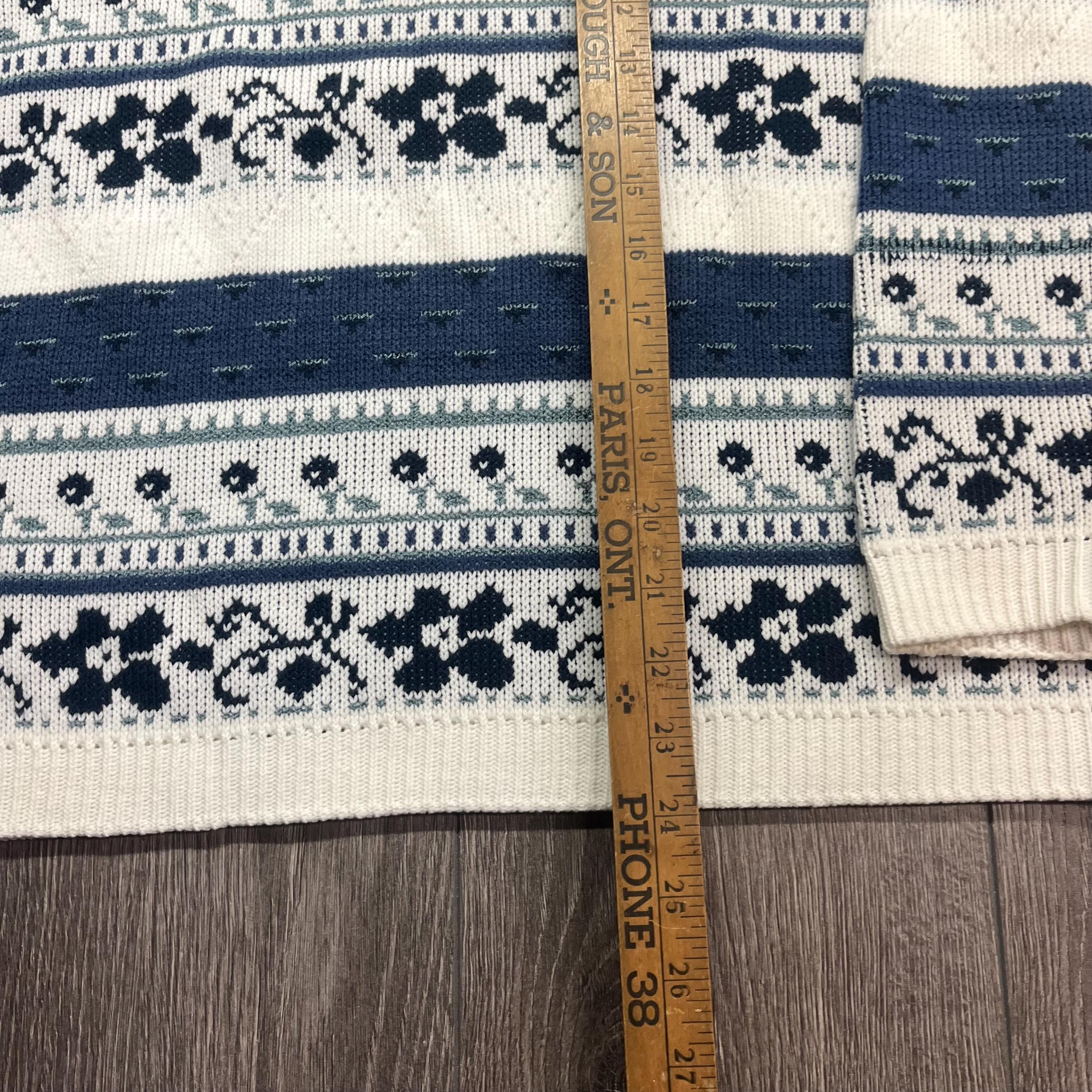Vintage 1990s Knit Quarter Button Sweater Jumper Blue Aztec Floral 