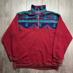 Vtg Great Canadian Rugged Wear Small Red Southwestern Aztec Fleece Quarter Zip