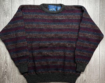 Jersey vintage de lana Shetland de Wm H Leishman para hombre, talla XL, a rayas, cuello redondo, gris y rojo.