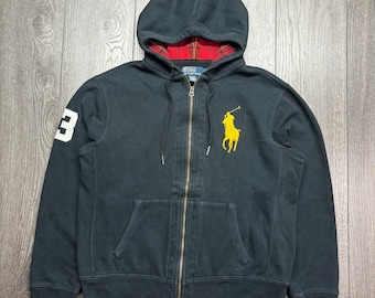 Sudadera con capucha y cremallera completa grande Polo Ralph Lauren Big Pony negra a cuadros para hombre estilo y2k