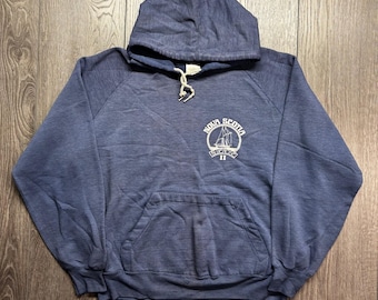 Vintage Nova Scotia Bluenose II hoodie heren kleine blauwe raglansweater jaren 1980