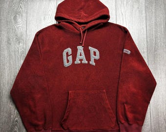 GAP Mens Fleece Hoodie Burgundy Red Arch Logo Pullover Sweatshirt 1969 Large