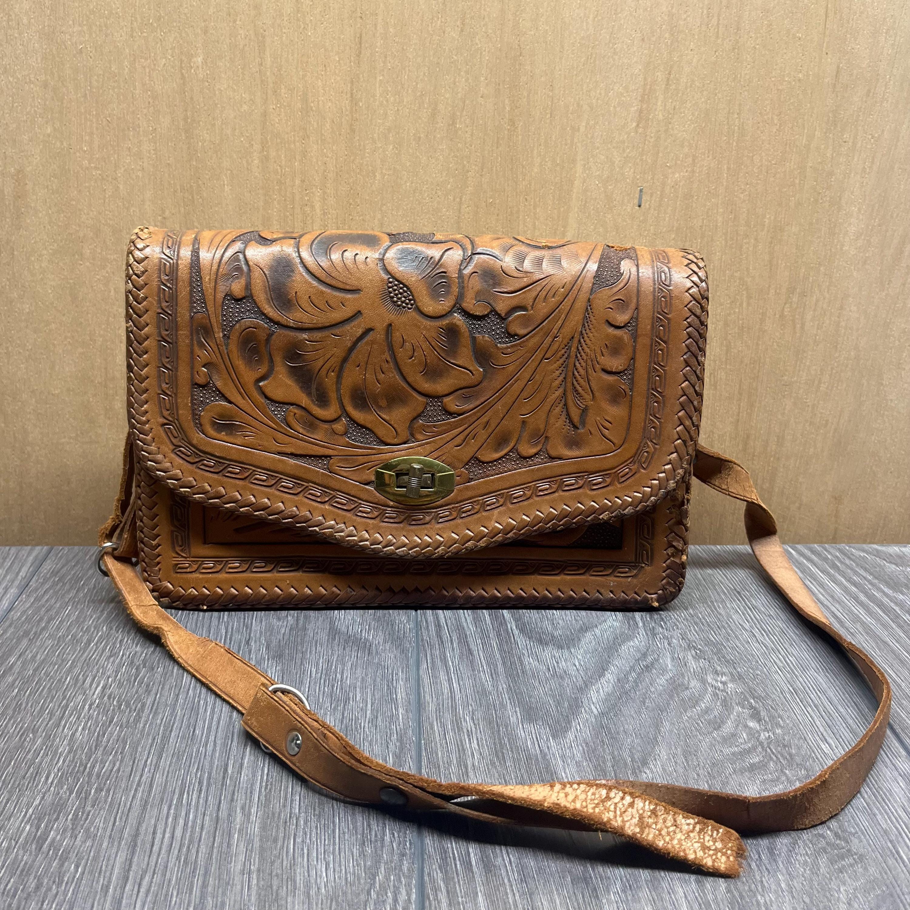 Vintage Bohemian Padres Mexico Leather Handbag Handcrafted Tooled Zipper Strap Brown Boho Genuine