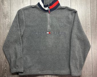 Tommy Hilfiger Herr Fleece Tröja Med Kvarts Dragkedja Grå Mock Neck Logo Y2k