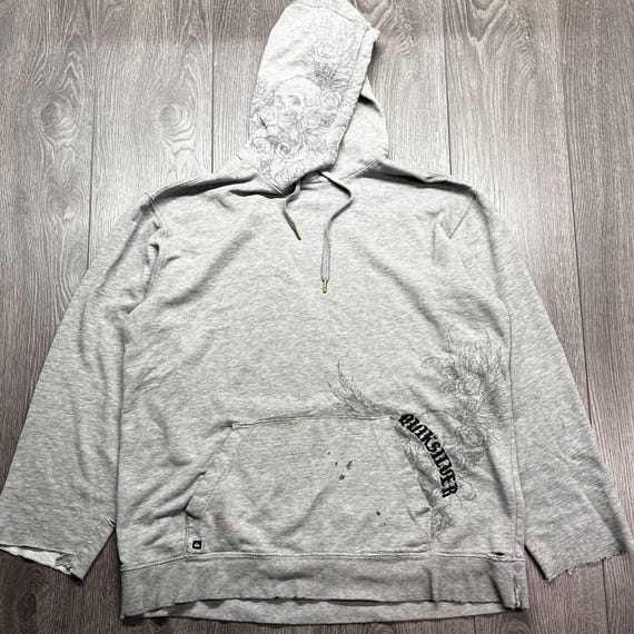 Vintage Quicksilver Hoodie Mens XL Grey Distressed Surf Sweatshirt