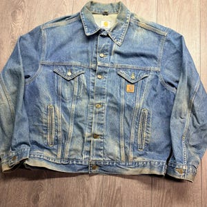 Vintage Carhartt J12 DST Denim Trucker Jacket Mens Large Blue Made USA Workwear