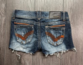Rewind Y2K damesshorts met lage taille, 28 inch, distressed look, donkere wassing, maat 3