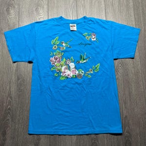 Vintage Arizona Wildlife 1990s Humming Bird Nature Cute Large T Shirt Blue L Tultex Flowers