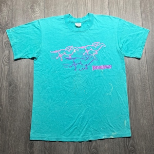 Puede incluir: Camiseta azul turquesa con un gráfico rosa y morado de caballos corriendo. El texto "THUNDER DOWN" está impreso debajo de los caballos.