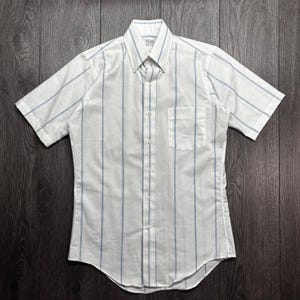 Vintage Arrow Dover Mens 14.5 White Blue Striped Short Sleeve Button Down Shirt