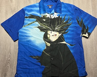 Vintage Anime Samurai Soldier Y2k Button Down Shirt Blue Extra