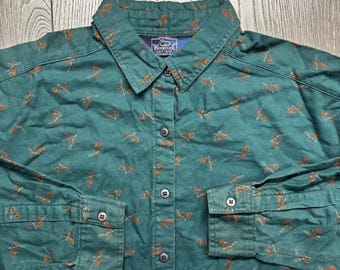 Vintage Woolrich Womens Button Down Shirt 1990s Green Large French Horn