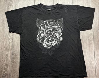 Camiseta vintage de motero con calaveras, dados y llamas estilo Y2K, negra, talla XL (extragrande), estilo urbano desteñido.