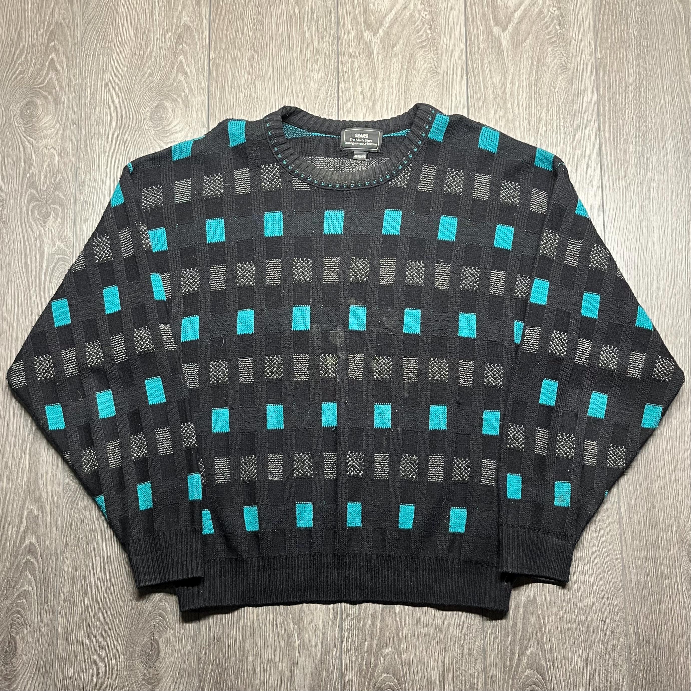 Vintage Sears 1980s Sears Knit Geometric Sweater XL Black Multi 