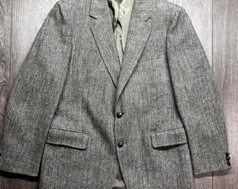 Vintage Harris Tweed Wool Blazer Mens 44 Grey Herringbone Sport Coat Scotland