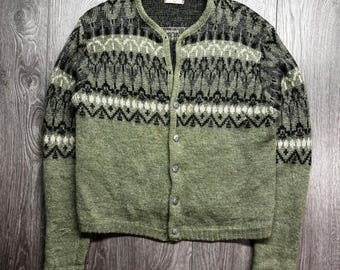 Vintage McGregor Mohair Wool Fair Isle Cardigan Sweater Green Mens Medium USA