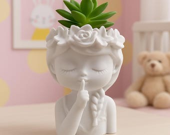 3D Printed Girl Planter with Flower Crown, Baby Girl Nursery Decor