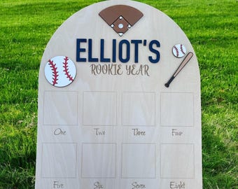 Baseball Rookie Year Photo Board – Personalized First Birthday Milestone Sign & Sports Party Décor