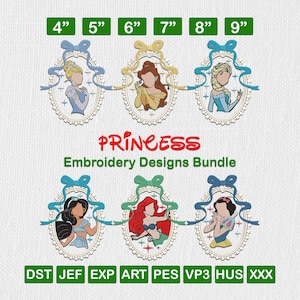Princess Embroidery Designs - Cartoon Embroidery Bundle File. 6 sizes and 08 formats.