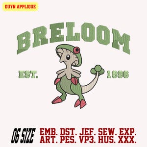Diseño de bordado de Pokémon, bordado Breloom, bordado de dibujos animados para sudadera. Archivo EMB, archivo DST, archivo VP3. 06 tamaños, 10 formatos.